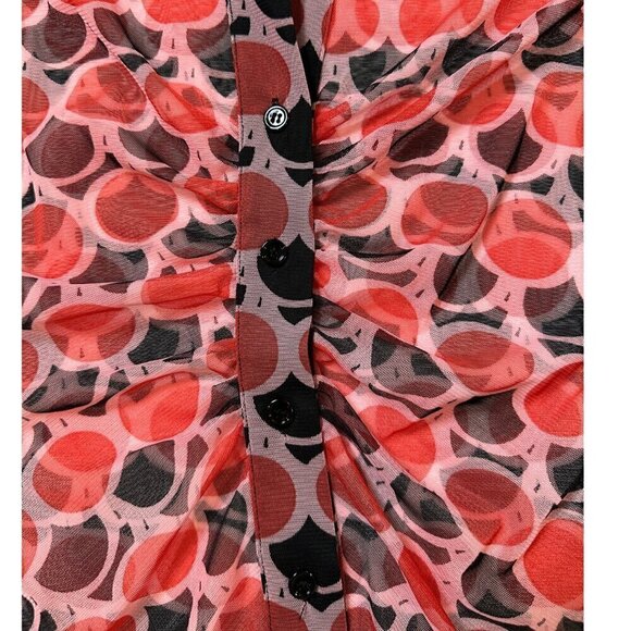 Zara Red Black Sheer Polka Dot Retro Geo Print Button Down Ruched Long Sleeve Bl - Picture 4 of 9